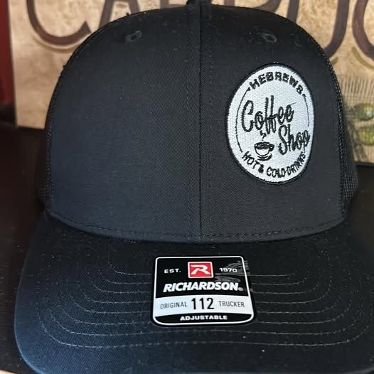 Black Richardson 112 trucker hat with the Hebrews Coffee Shop patch